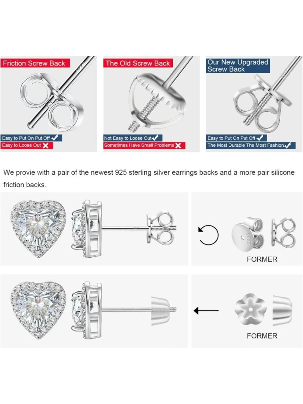 Elegant Moissanite Heart Stud Earrings, 18K White Gold Plated, Screw Back